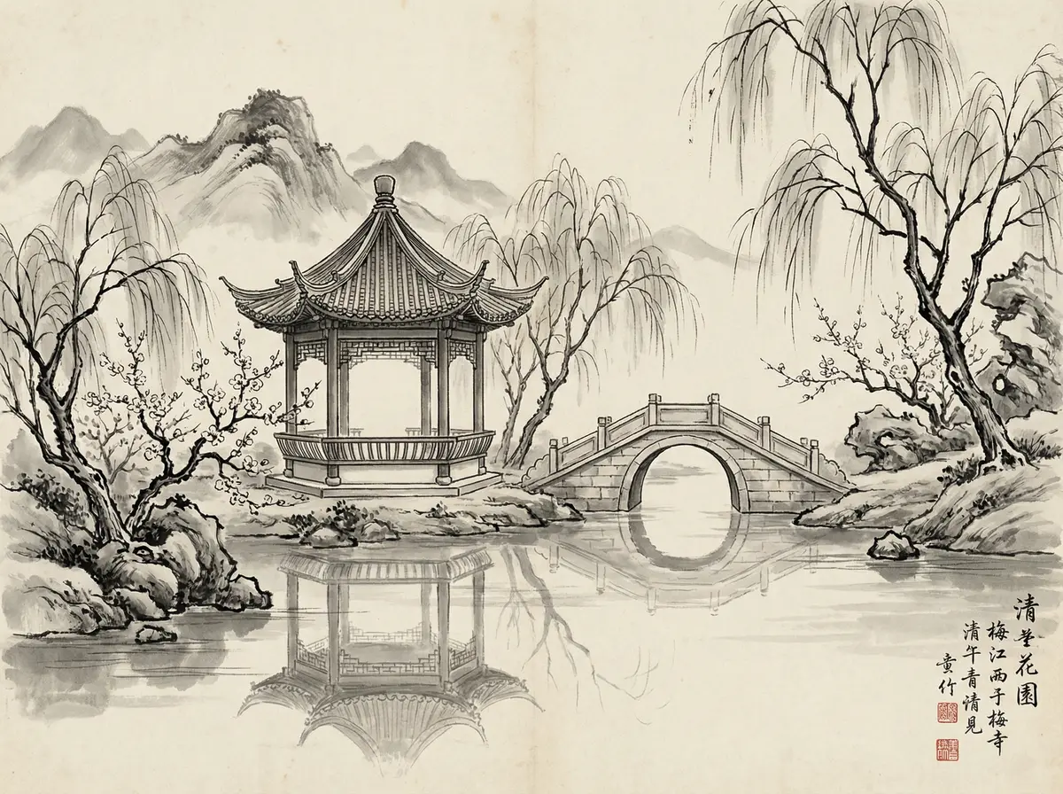 无限赌场水墨画中的亭台楼阁与石桥倒影