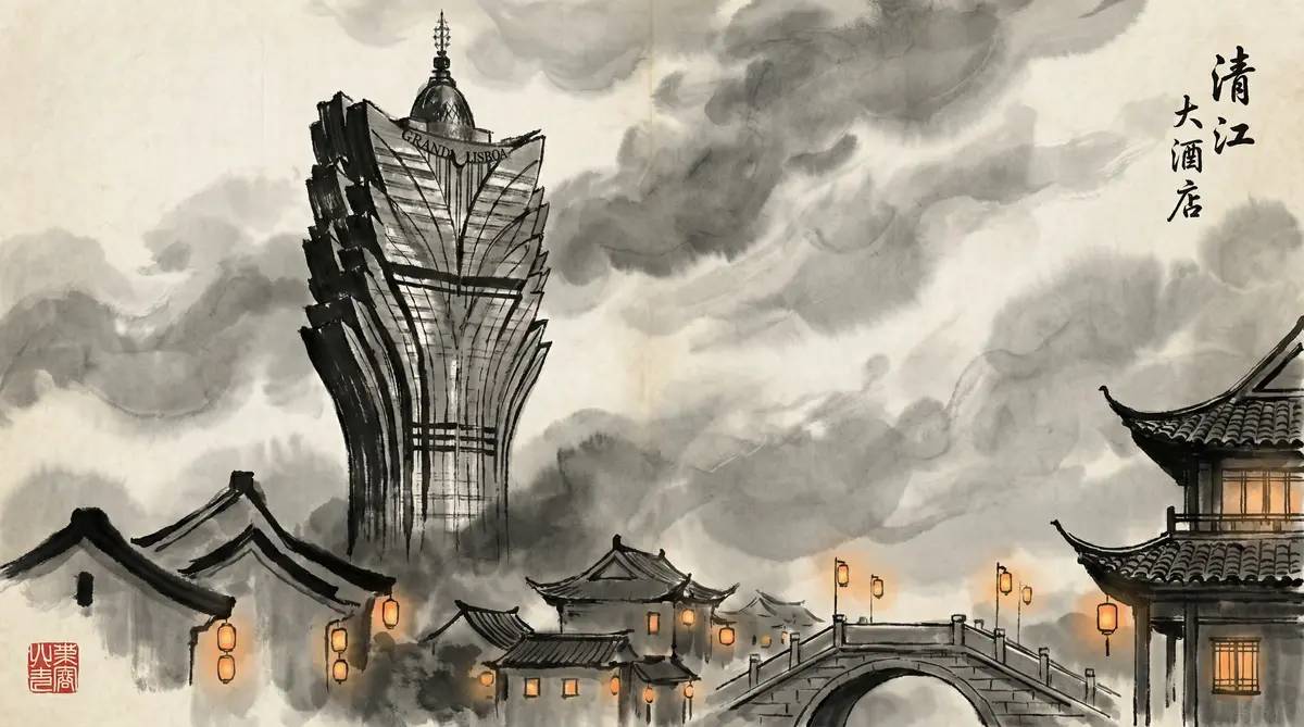 无限赌场澳门新葡京酒店水墨画全景