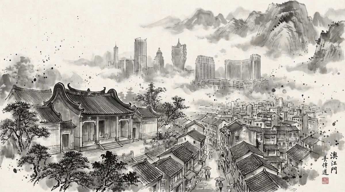 无限赌场水墨国风全景画卷展现澳门古老街巷与现代酒店建筑群