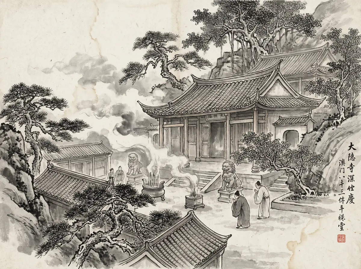 无限赌场推荐澳门妈阁庙水墨画风格