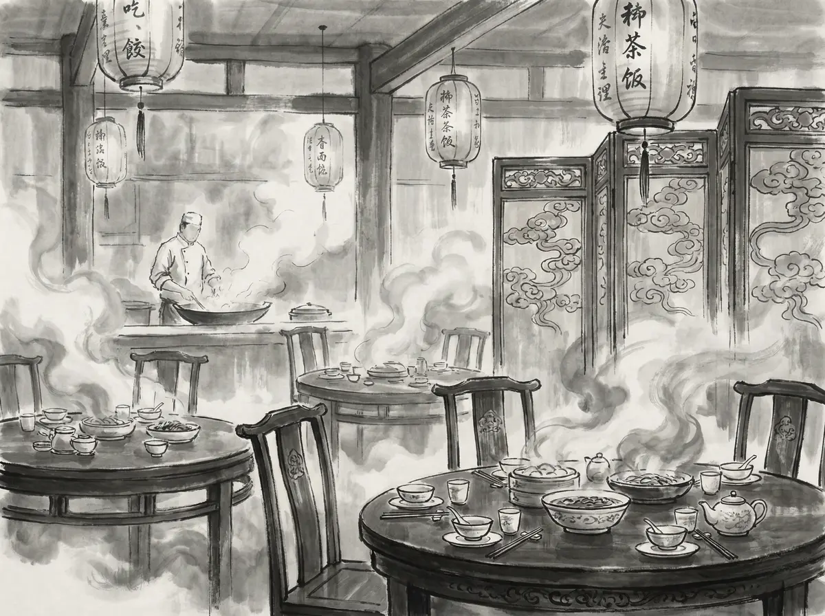 无限赌场墨香食府水墨风格中餐厅内景展示传统瓷器餐具与雕花屏风