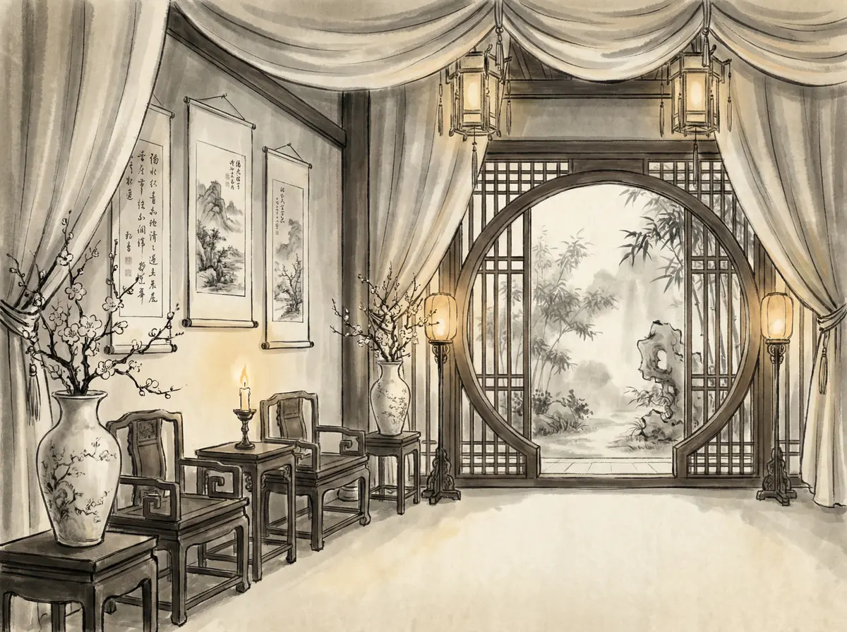 无限赌场丝绸帷幔园林景观客房展示月洞门与竹林景致